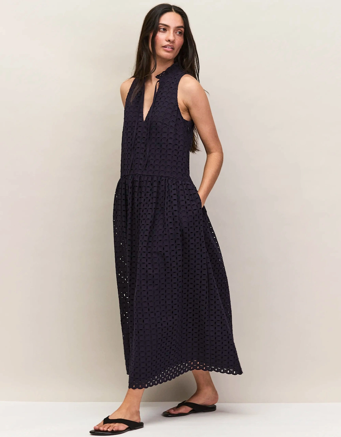 Petite Navy Broderie Anglaise Cotton V-Neck Midi Dress