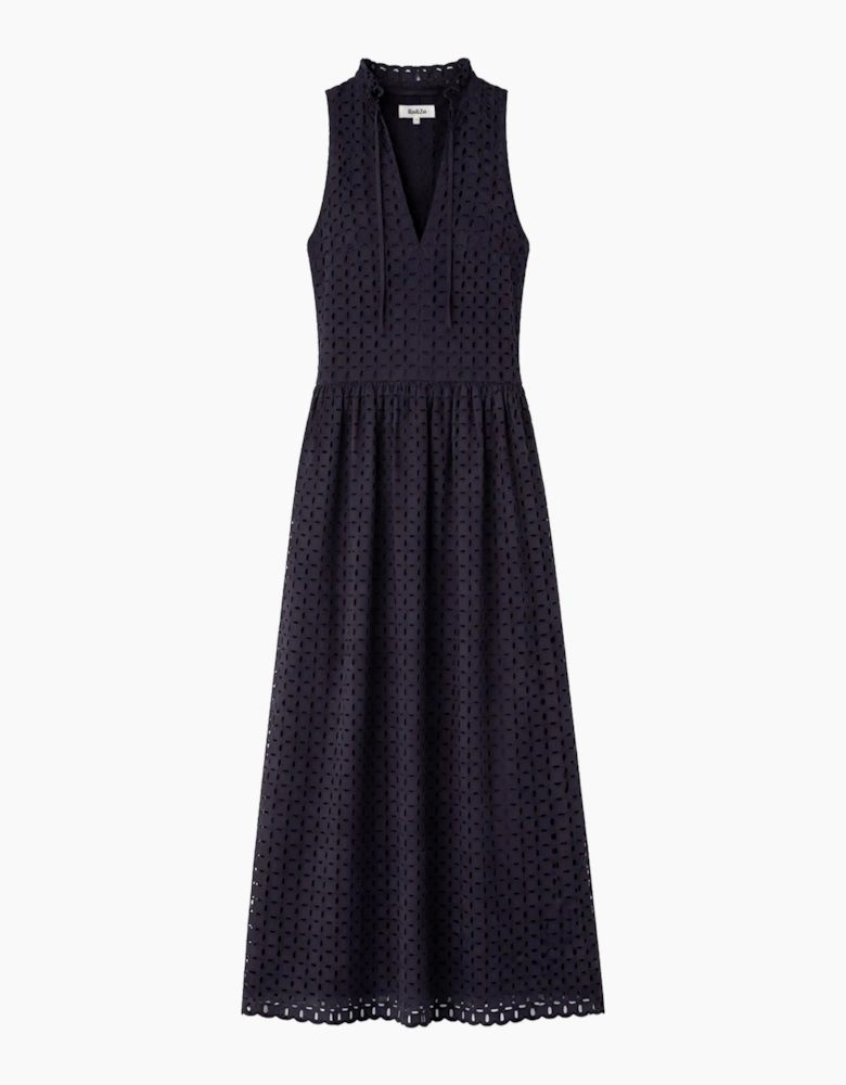Petite Navy Broderie Anglaise Cotton V-Neck Midi Dress