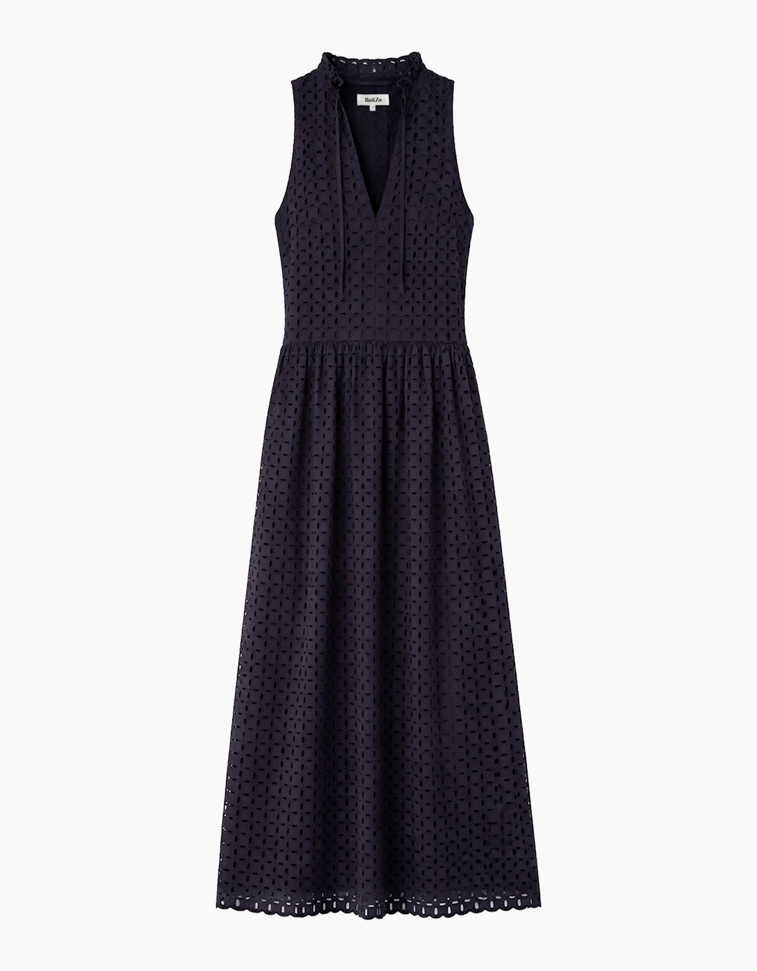 Petite Navy Broderie Anglaise Cotton V-Neck Midi Dress