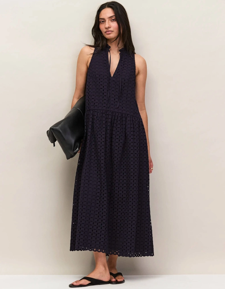 Petite Navy Broderie Anglaise Cotton V-Neck Midi Dress