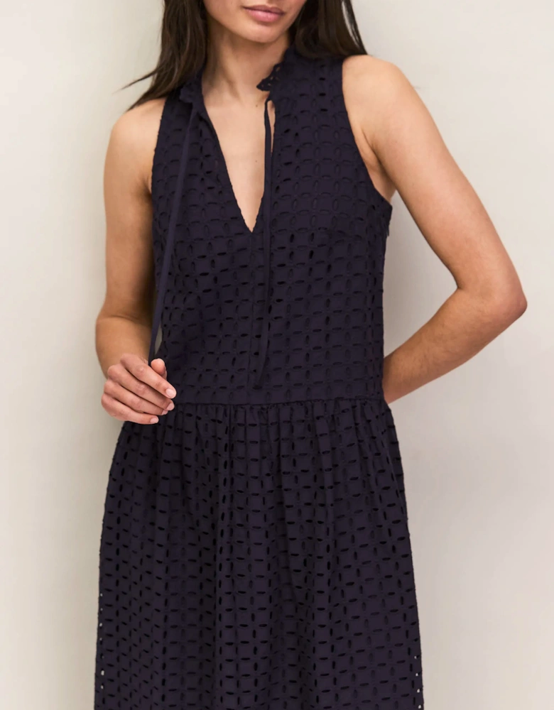 Petite Navy Broderie Anglaise Cotton V-Neck Midi Dress