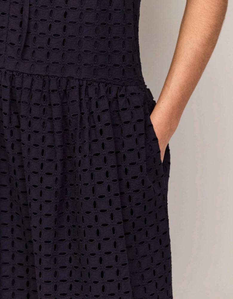 Petite Navy Broderie Anglaise Cotton V-Neck Midi Dress