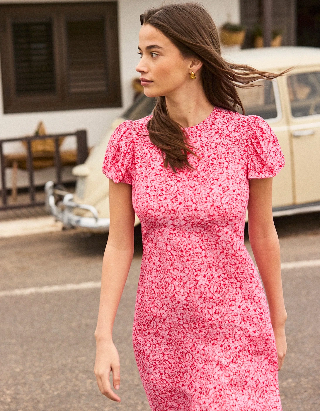 Pink Ditsy Floral Puff Sleeve Dress