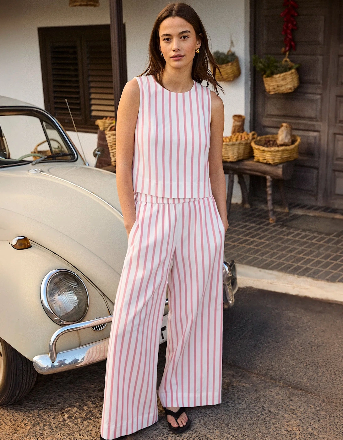 Petite Pink Stripe Cotton Blend Trousers