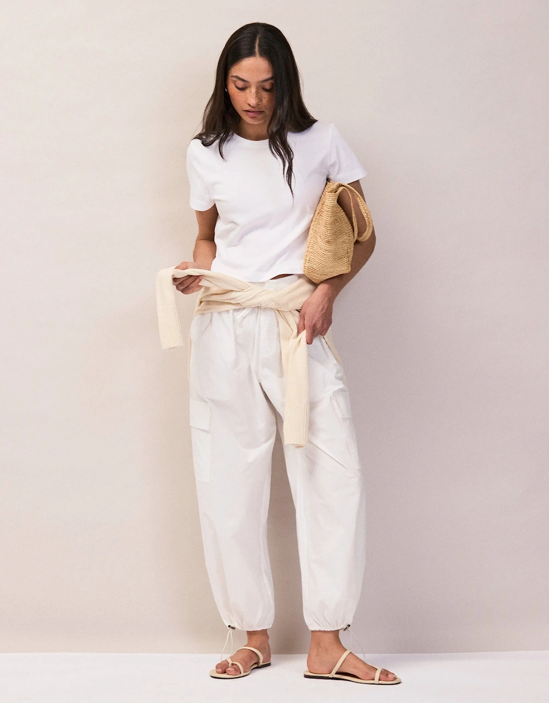 White Cotton Drawstring Cuff Trousers