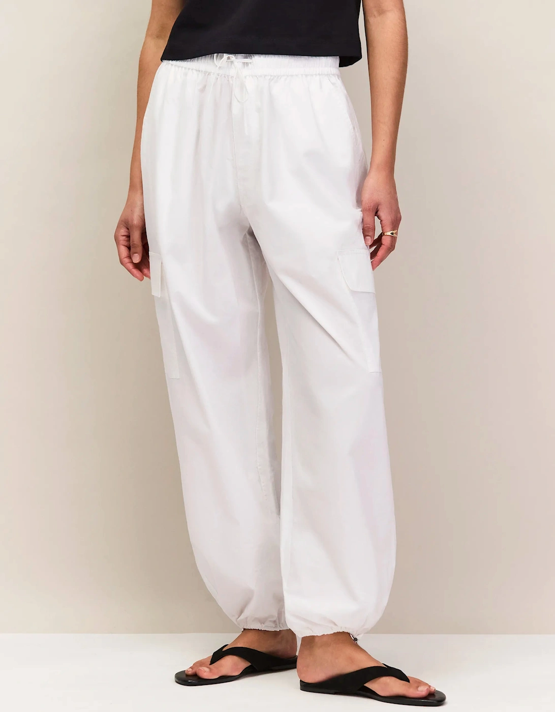 White Cotton Drawstring Cuff Trousers