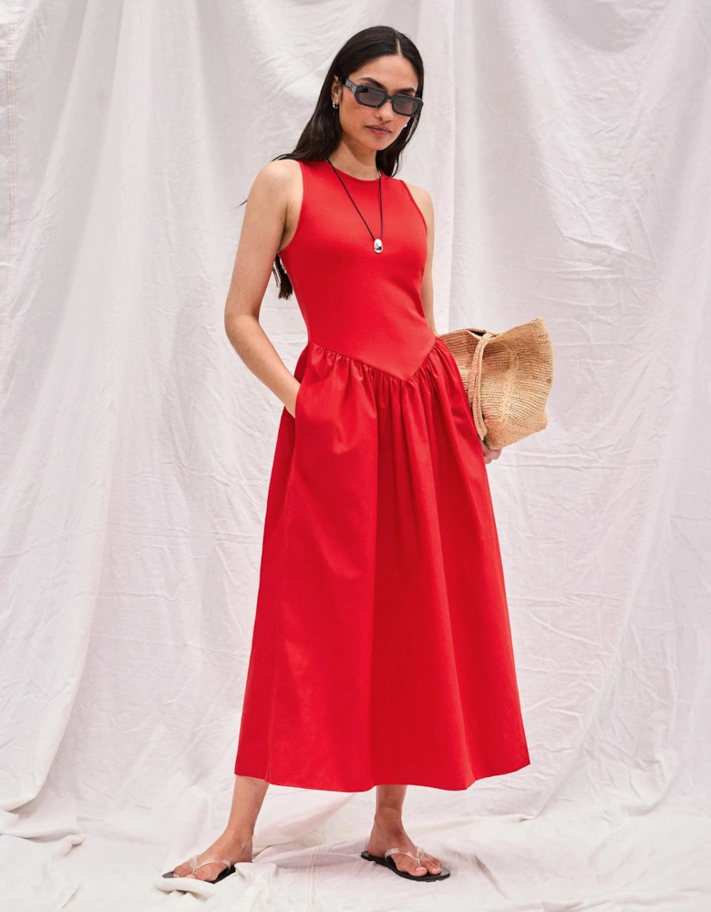 Petite Red Jersey Bodice Midi Waisted Dress