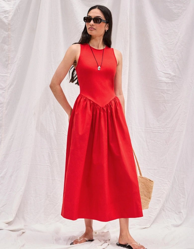Petite Red Jersey Bodice Midi Waisted Dress