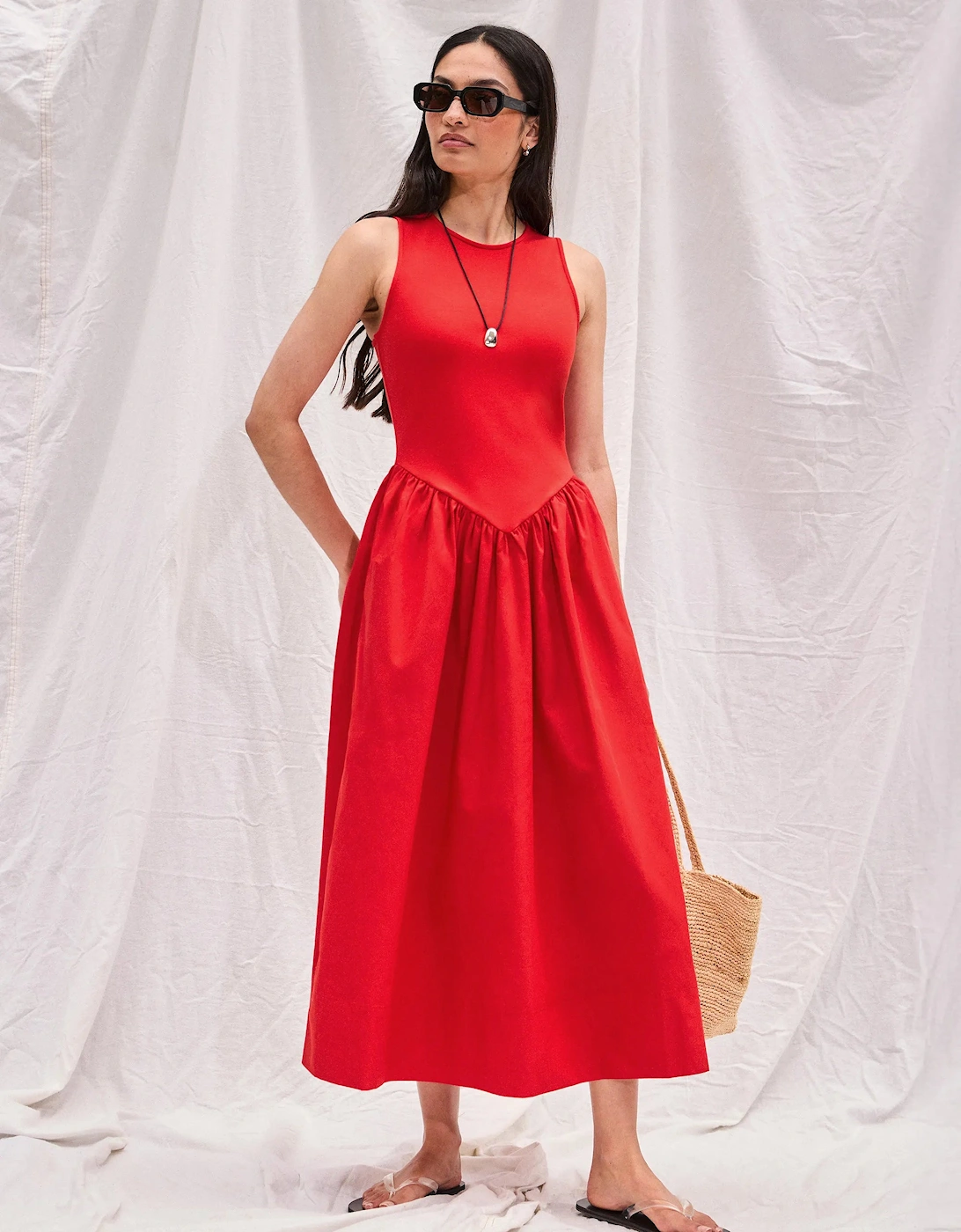 Petite Red Jersey Bodice Midi Waisted Dress
