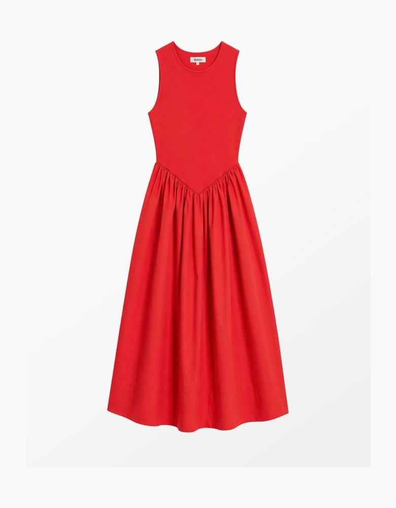 Petite Red Jersey Bodice Midi Waisted Dress