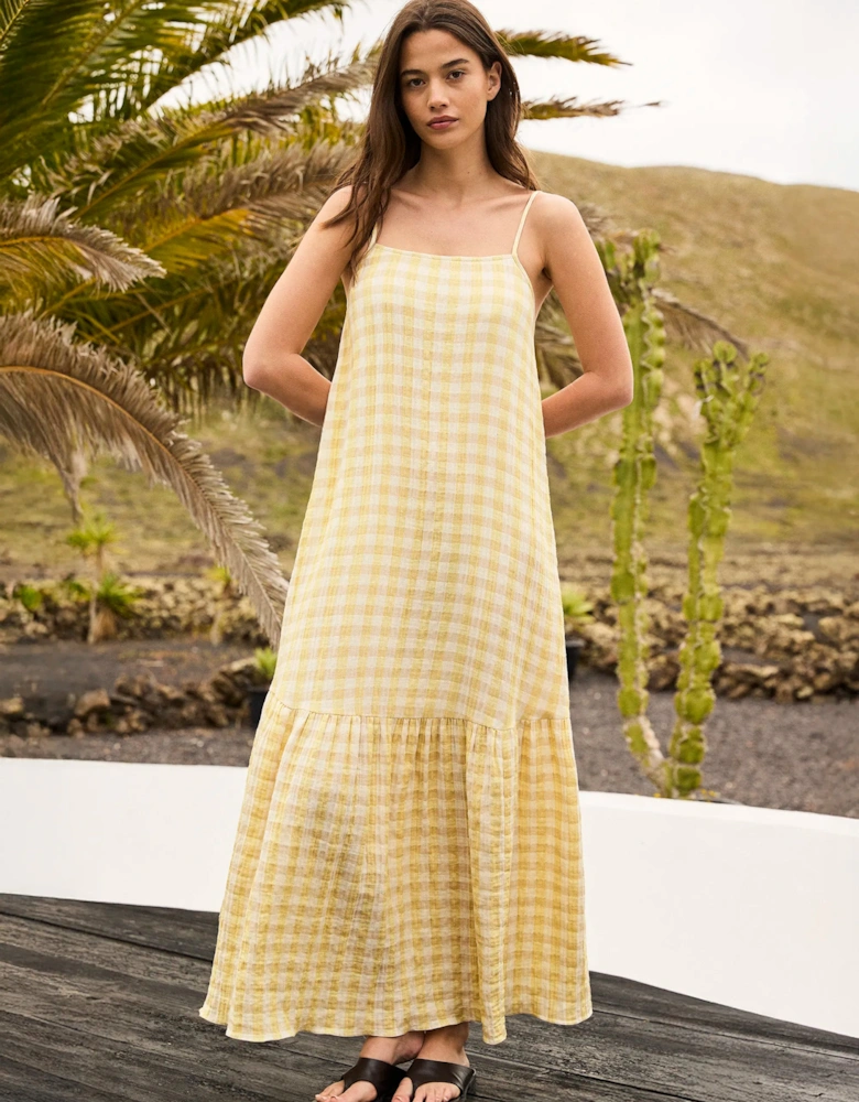 Petite Lemon-Yellow Cheesecloth Check Tiered Dress