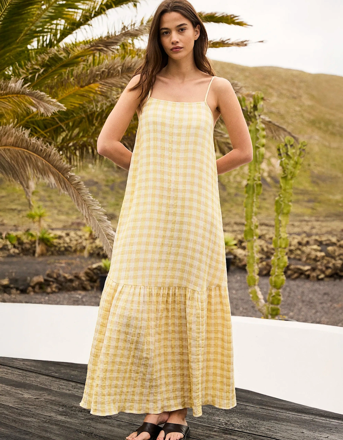Petite Lemon-Yellow Cheesecloth Check Tiered Dress