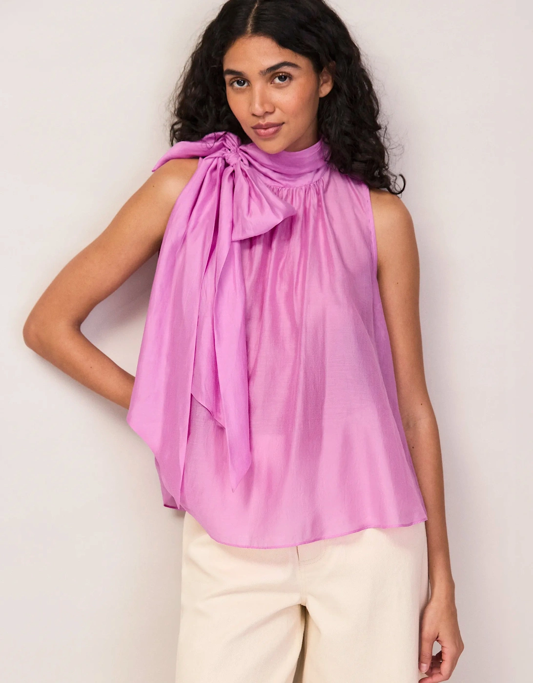Pink Bow Detail Sleeveless Blouse