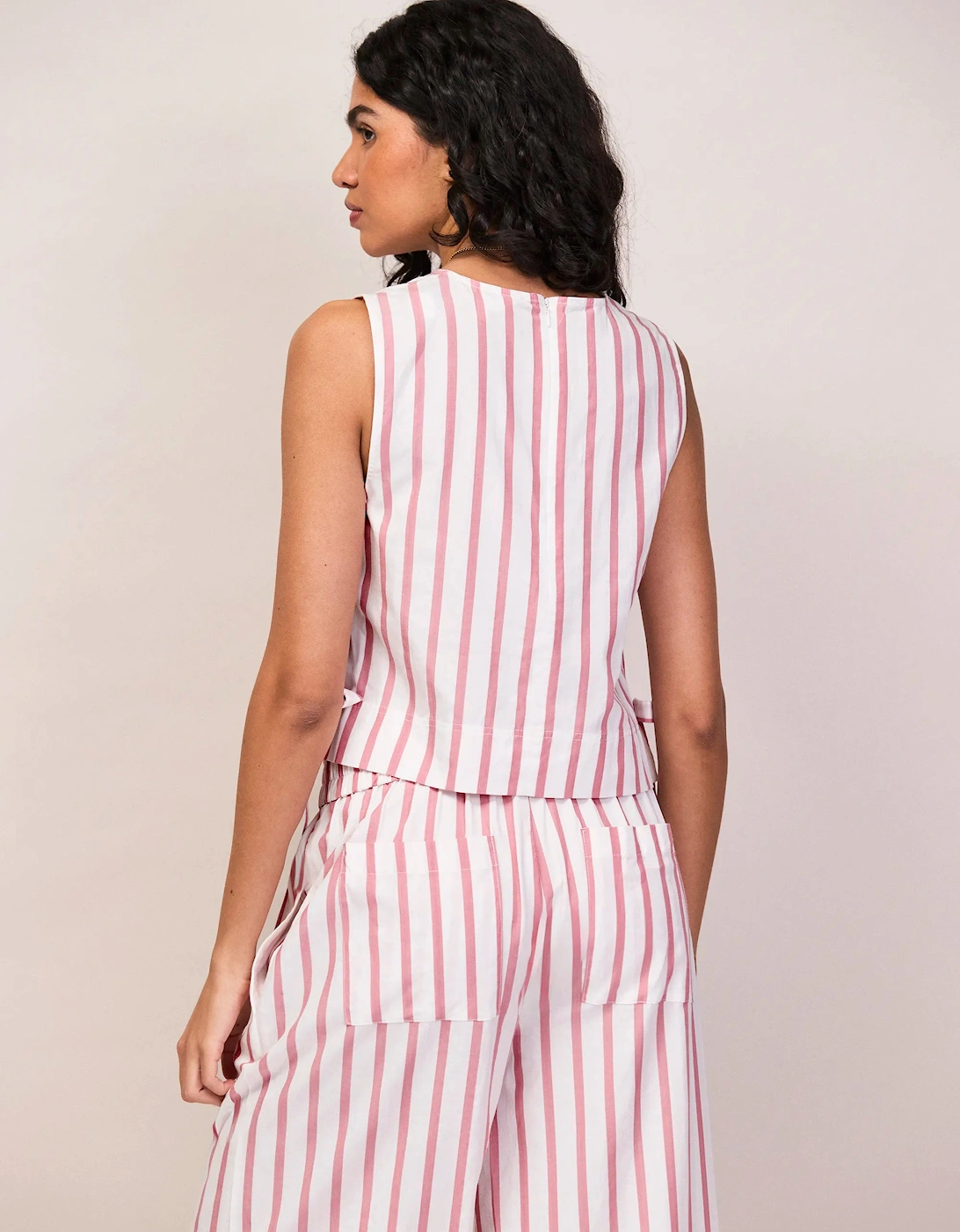 Pink Stripe Cotton Blend Tie Side Shell Top