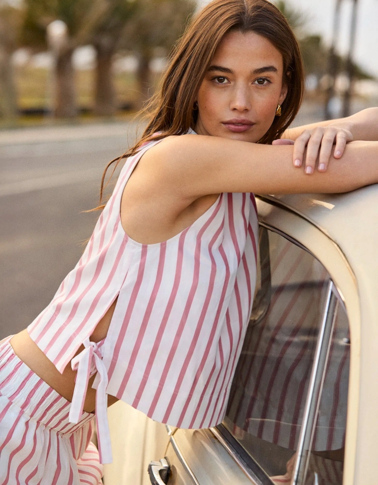 Pink Stripe Cotton Blend Tie Side Shell Top