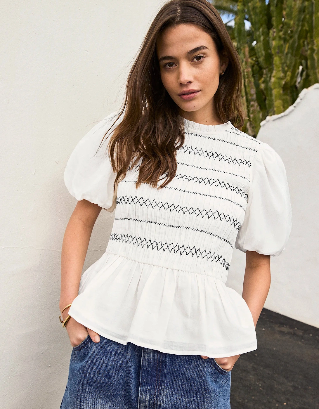 White Cotton Voile Shirred Bodice Top