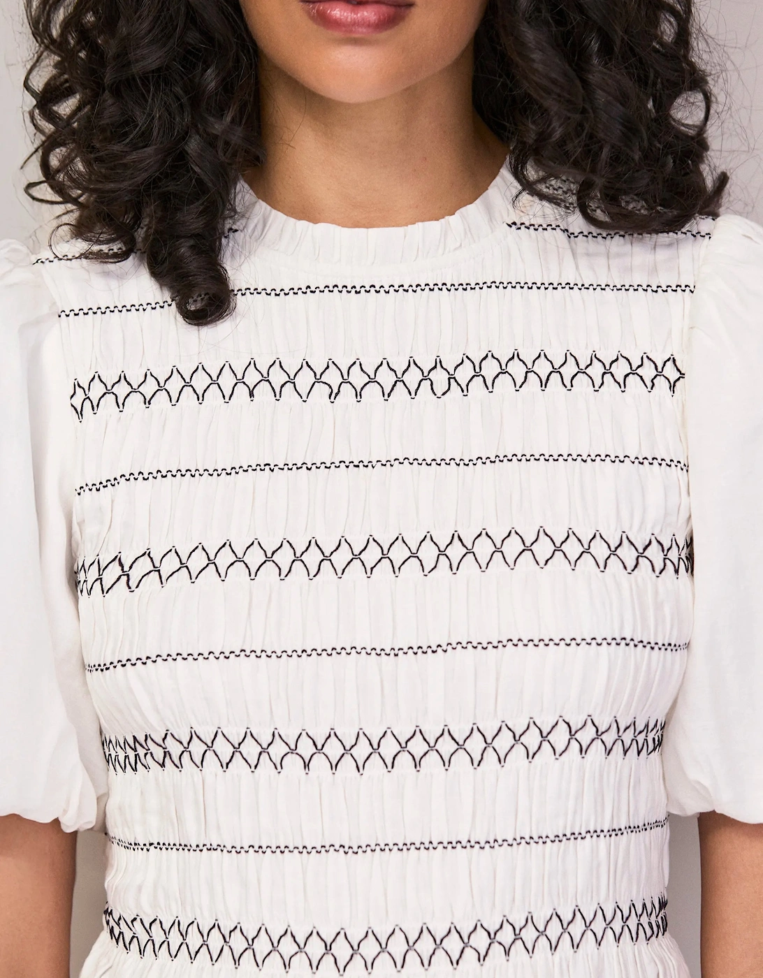 White Cotton Voile Shirred Bodice Top