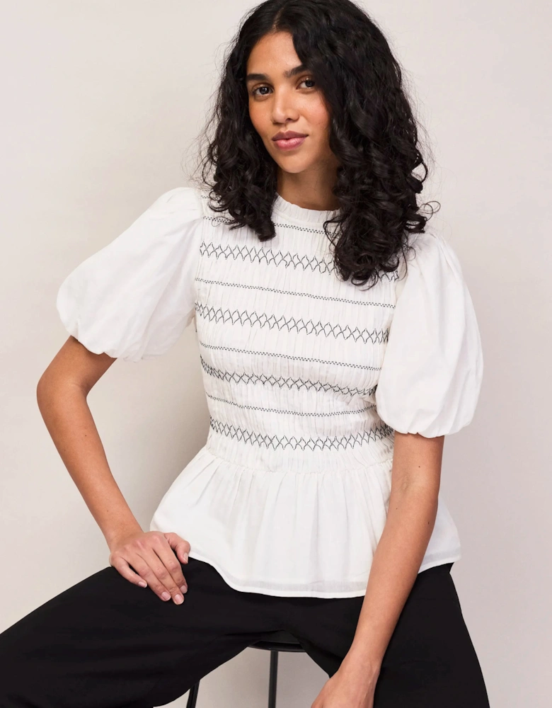White Cotton Voile Shirred Bodice Top