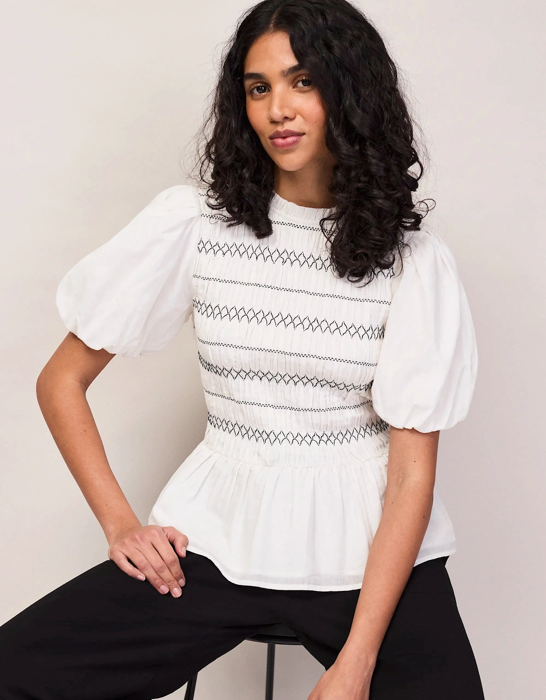 White Cotton Voile Shirred Bodice Top