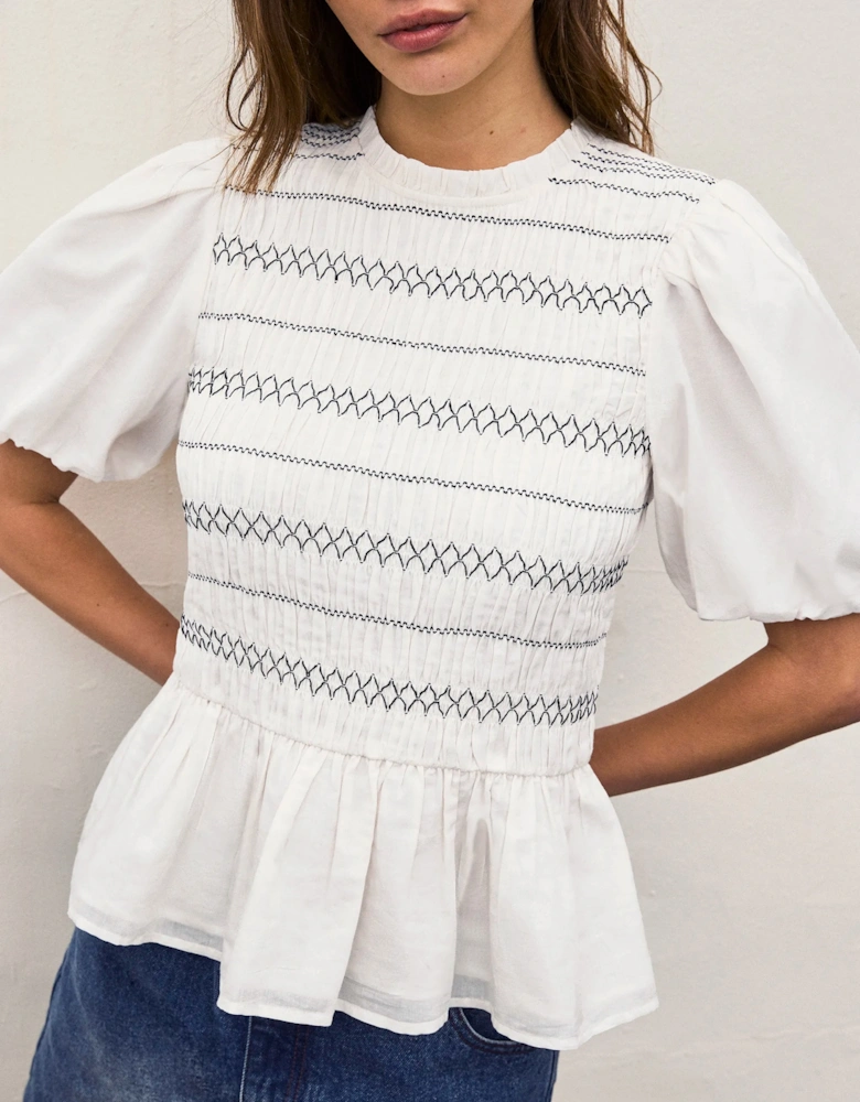 White Cotton Voile Shirred Bodice Top