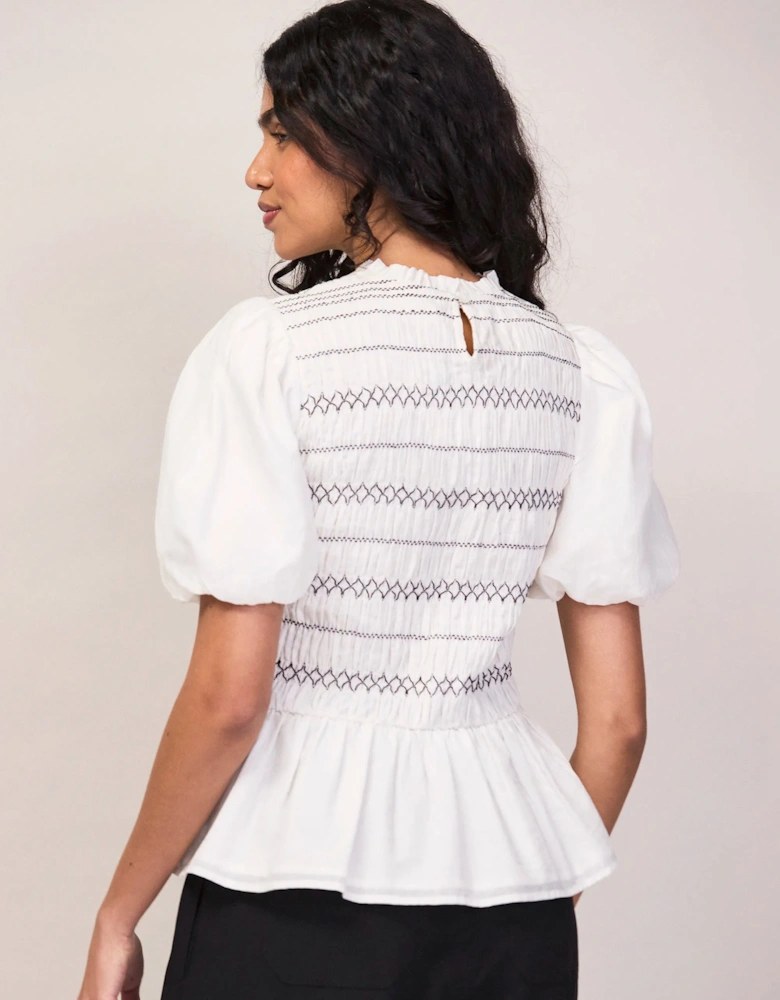 White Cotton Voile Shirred Bodice Top