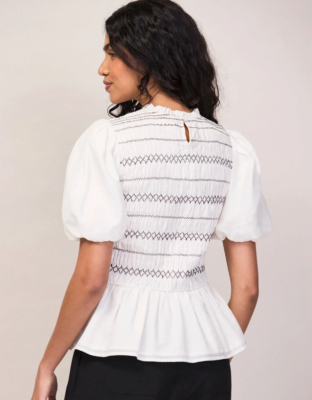 White Cotton Voile Shirred Bodice Top