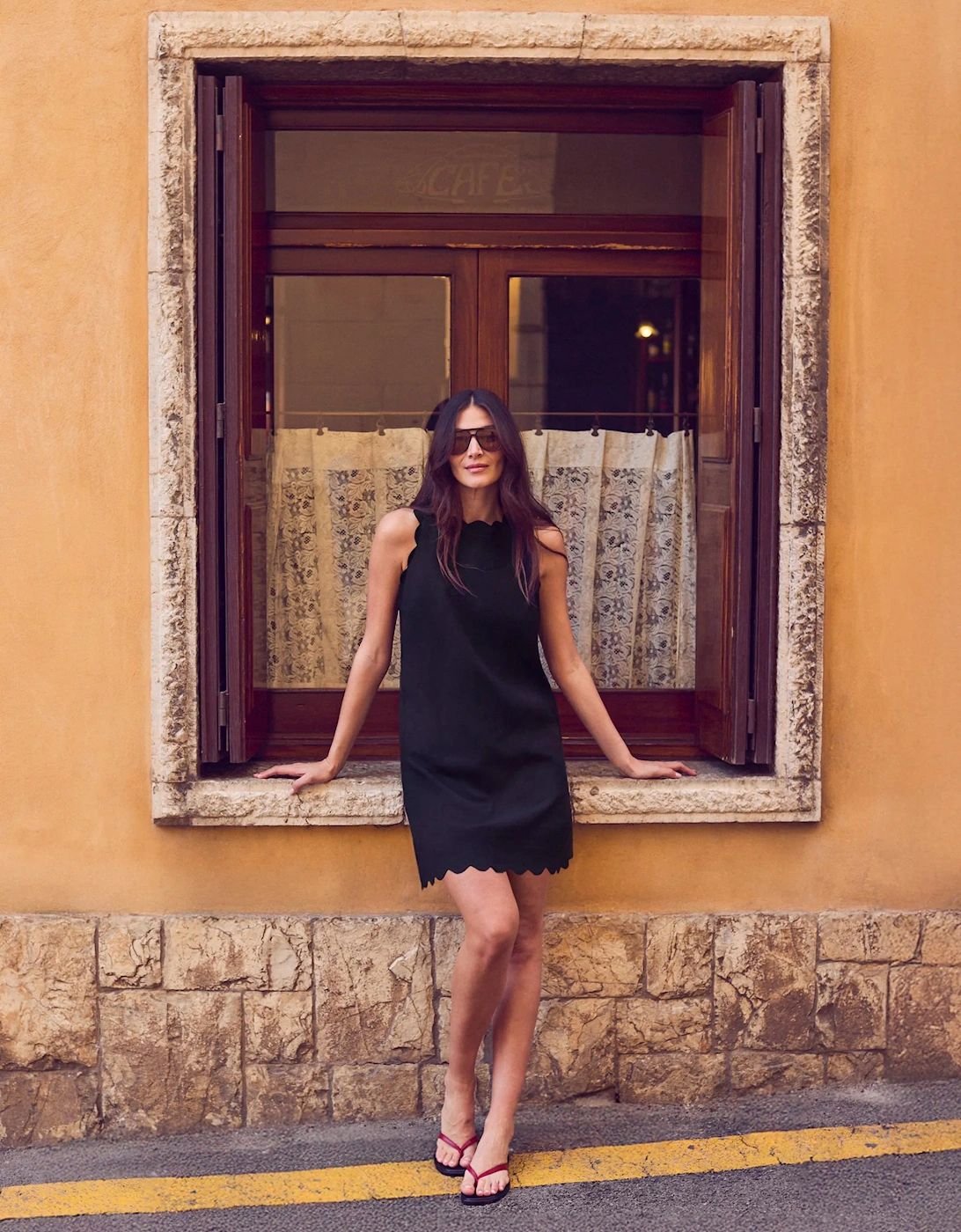 Black Scallop Edge Mini Dress With Linen