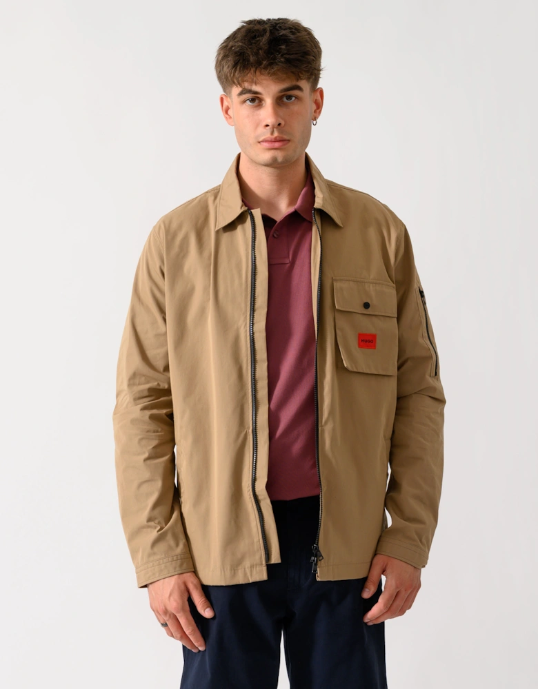 HUGO Emmond Mens Zip Overshirt with Red Logo Label - Beige Overflow 928