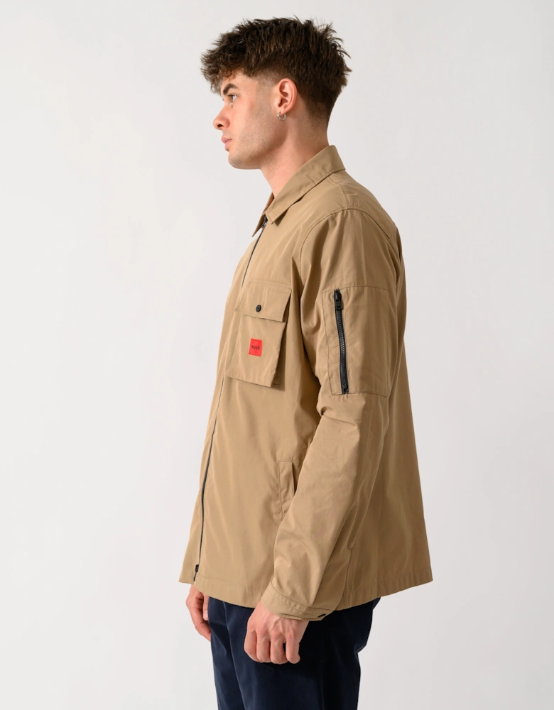 HUGO Emmond Mens Zip Overshirt with Red Logo Label - Beige Overflow 928
