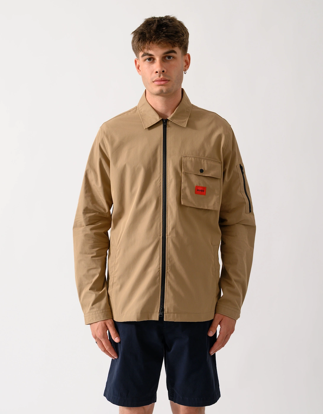 HUGO Emmond Mens Zip Overshirt with Red Logo Label - Beige Overflow 928, 7 of 6