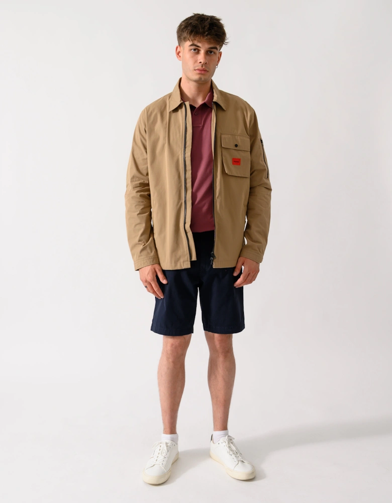 HUGO Emmond Mens Zip Overshirt with Red Logo Label - Beige Overflow 928