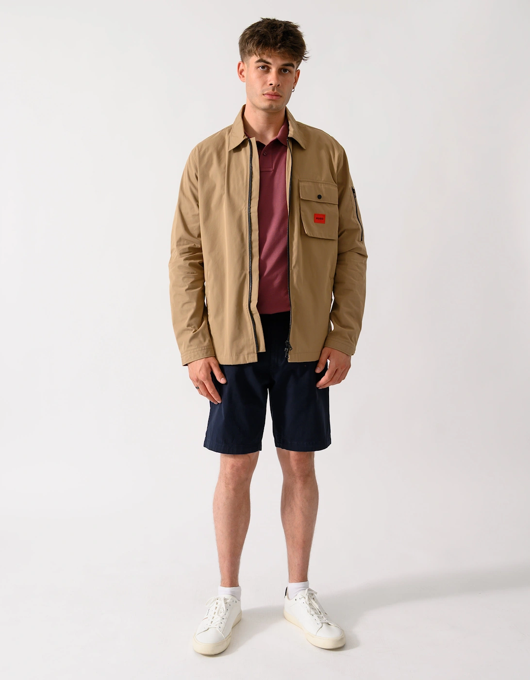 HUGO Emmond Mens Zip Overshirt with Red Logo Label - Beige Overflow 928