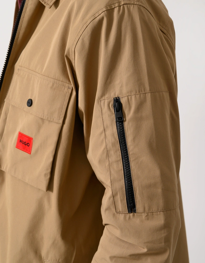 HUGO Emmond Mens Zip Overshirt with Red Logo Label - Beige Overflow 928