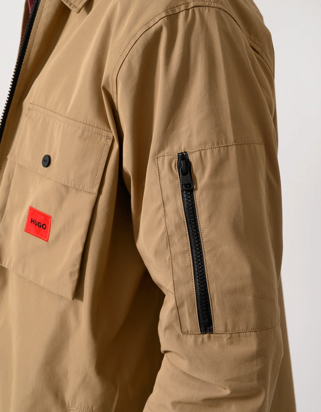 HUGO Emmond Mens Zip Overshirt with Red Logo Label - Beige Overflow 928