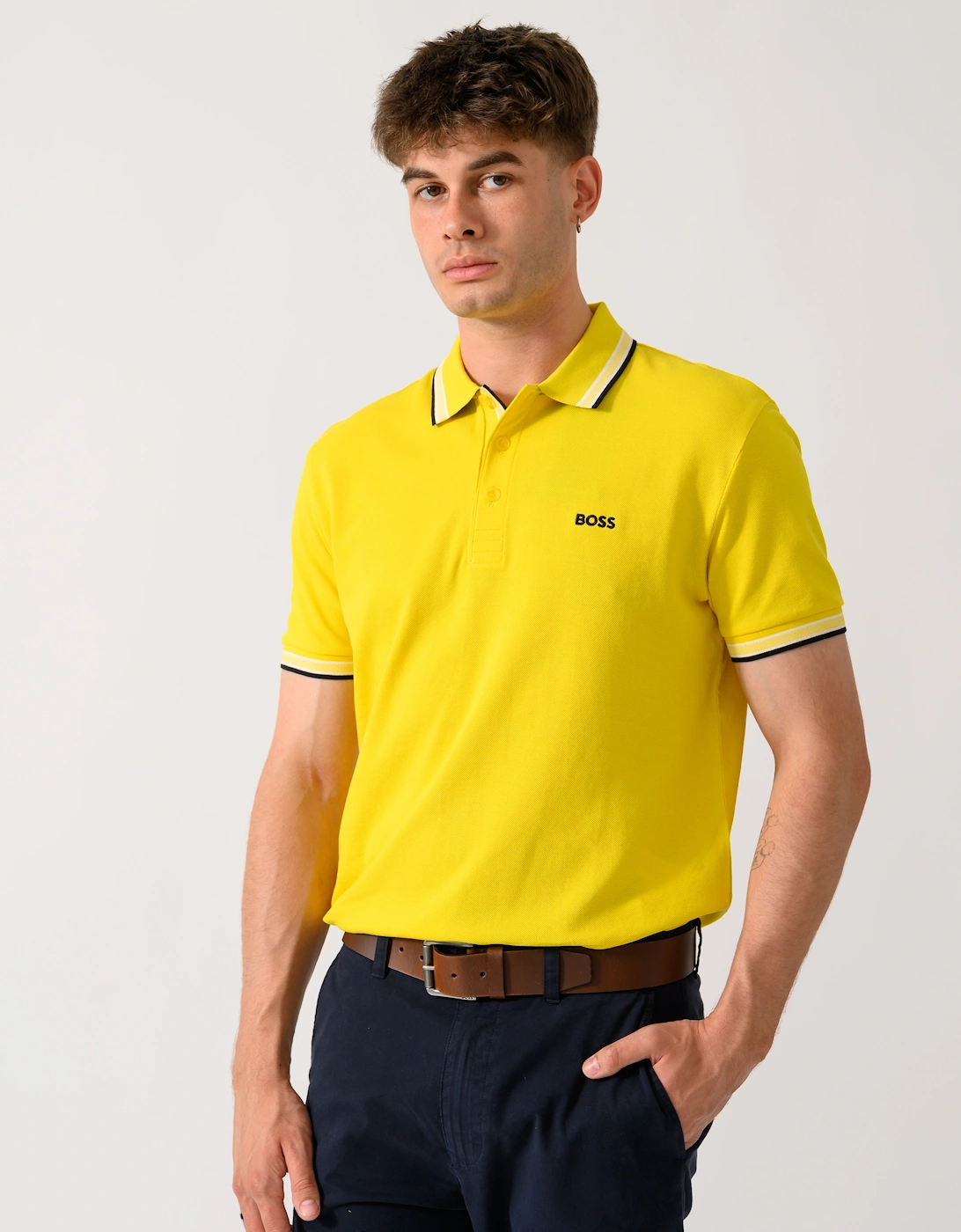 BOSS Green Paddy Mens Cotton-Piqué Polo Shirt with Contrast Logo - Bright Yellow 739