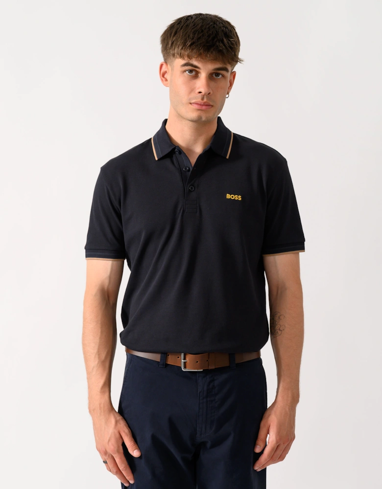 BOSS Green Paddy Mens Cotton-Piqué Polo Shirt with Contrast Logo - Dark Blue 401