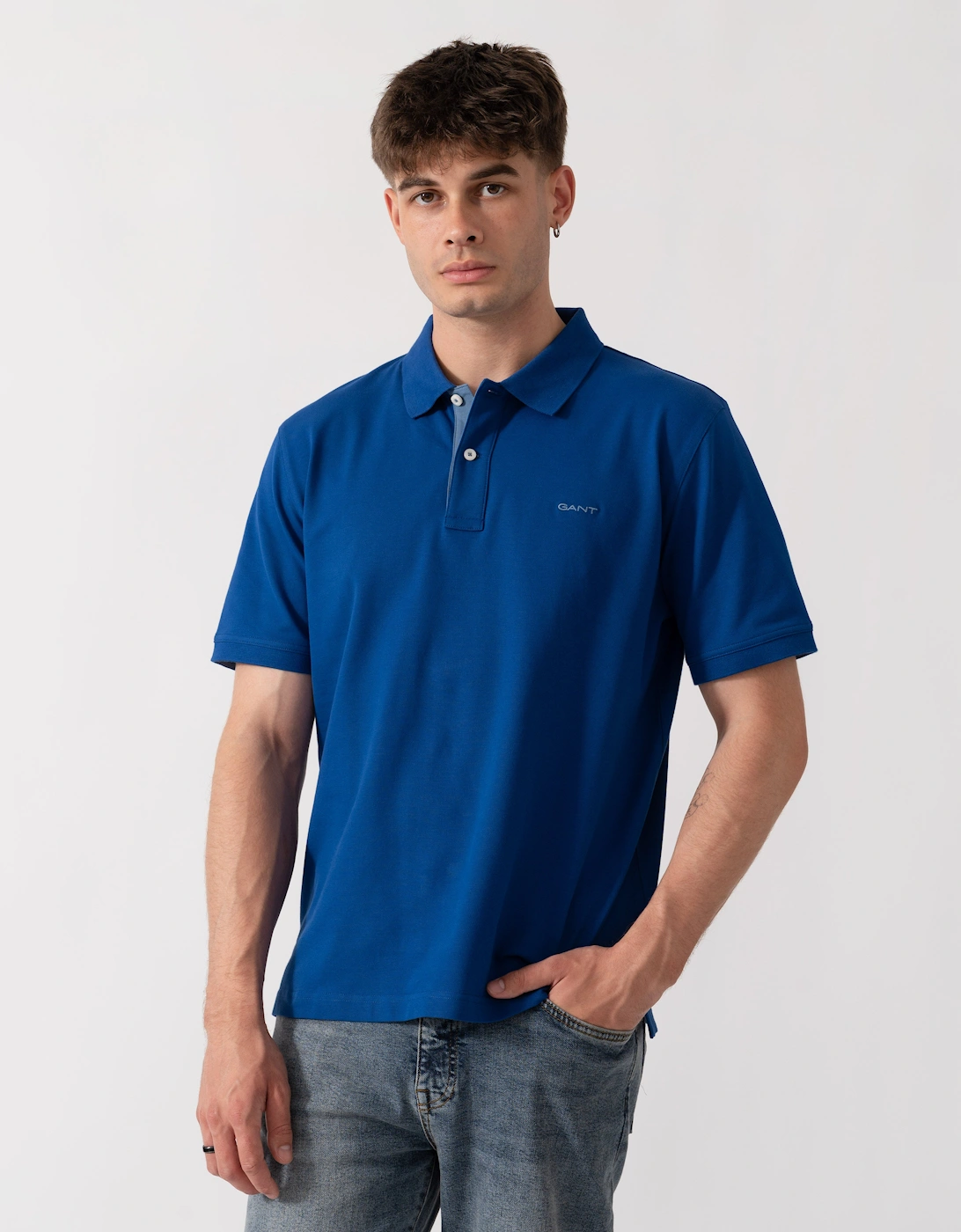 Gant Men's Blue Regular Fit Short Sleeve Contrast Pique Rugger - 435 Crisp - Size 42