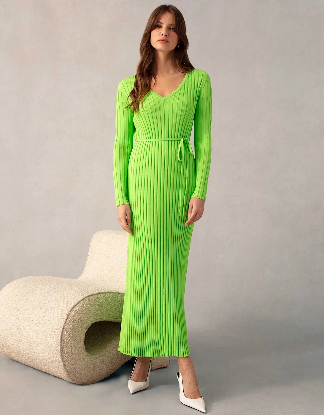 Lime Wide Rib Knit V-Neck Maxi Dress