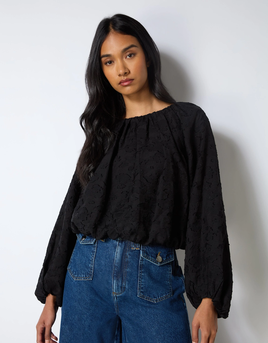 Black Leopard Jacquard Bubble Hem Top