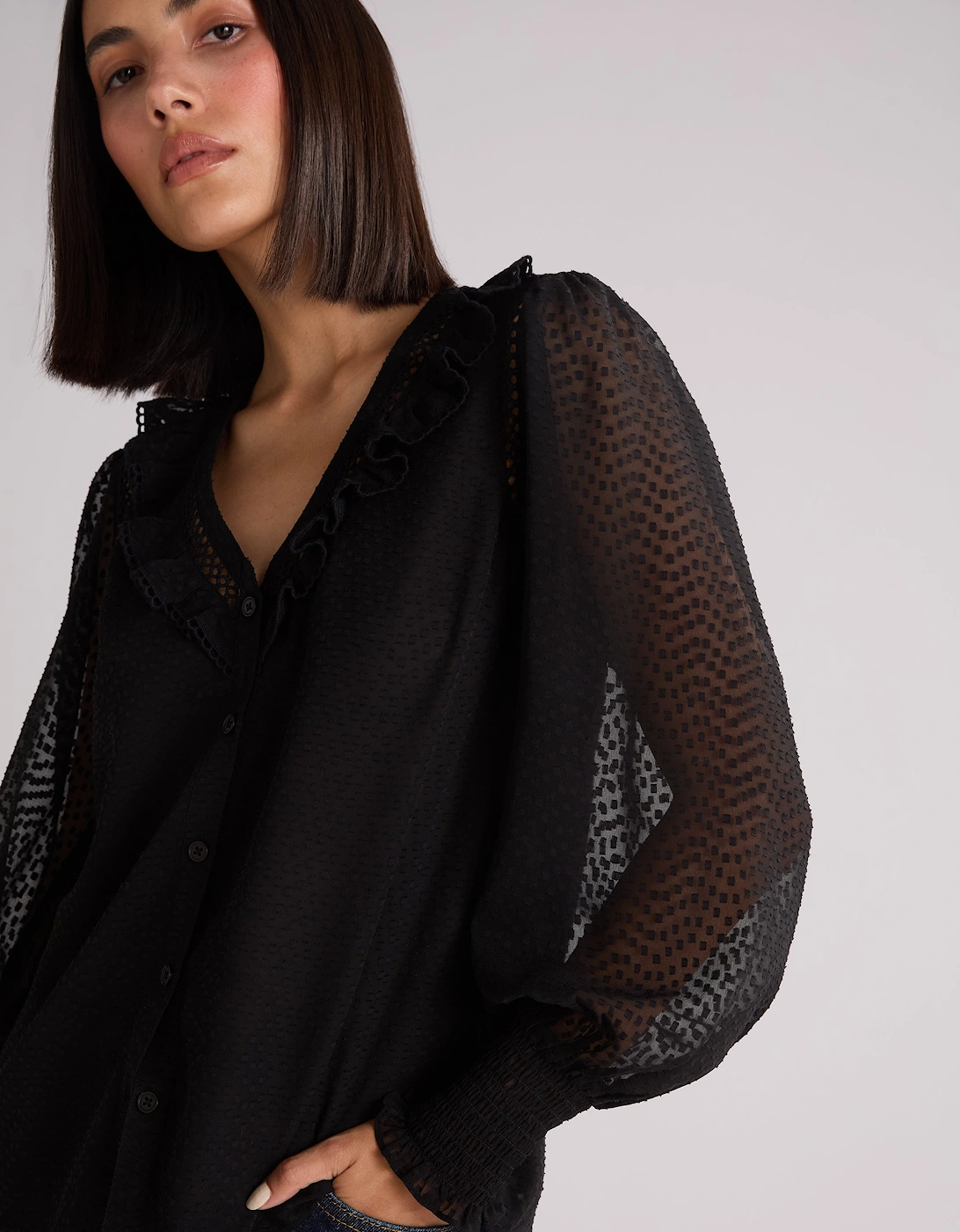 Black Dobby Trim Insert Blouse