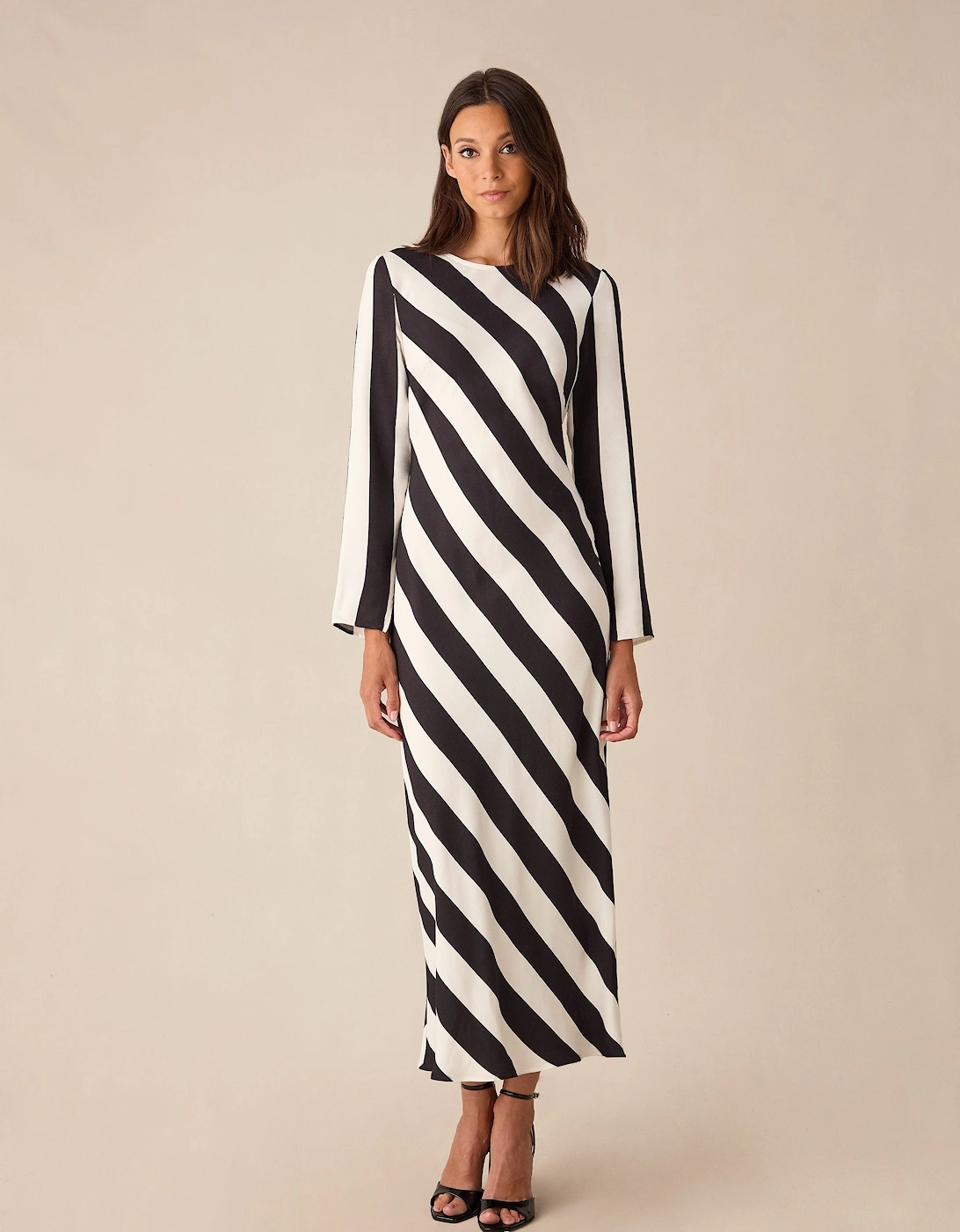 Clara Mono Stripe Print Bias Cut Maxi Dress