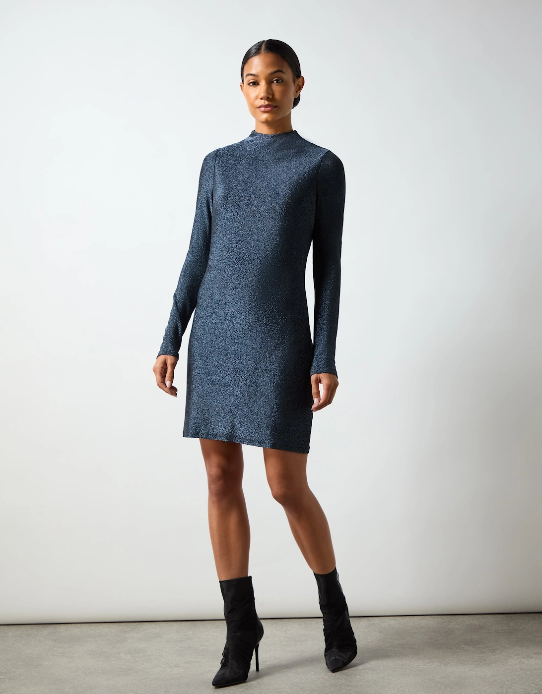 Darcy Navy Sparkle Jersey High Neck Mini Dress