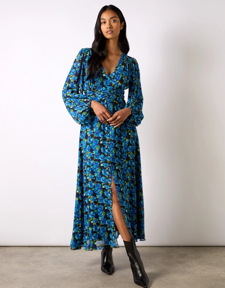 Blue Floral Print Ruched Waist Dress
