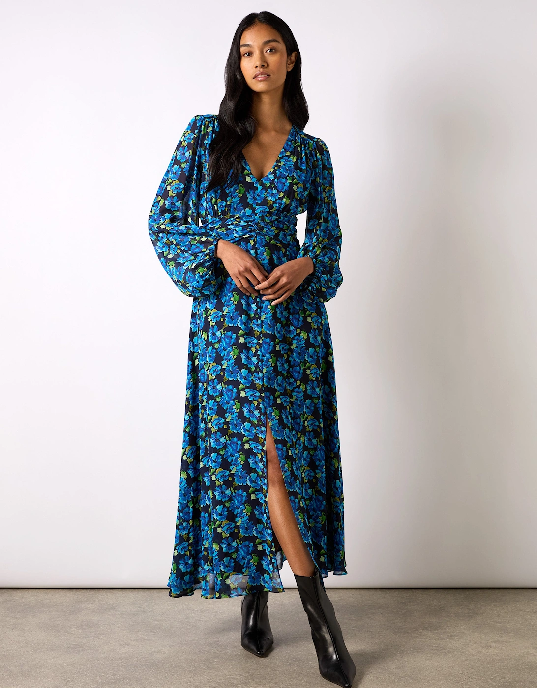 Blue Floral Print Ruched Waist Dress