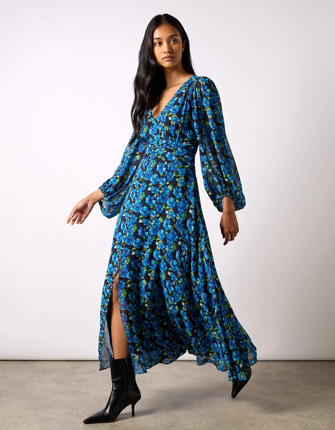 Blue Floral Print Ruched Waist Dress