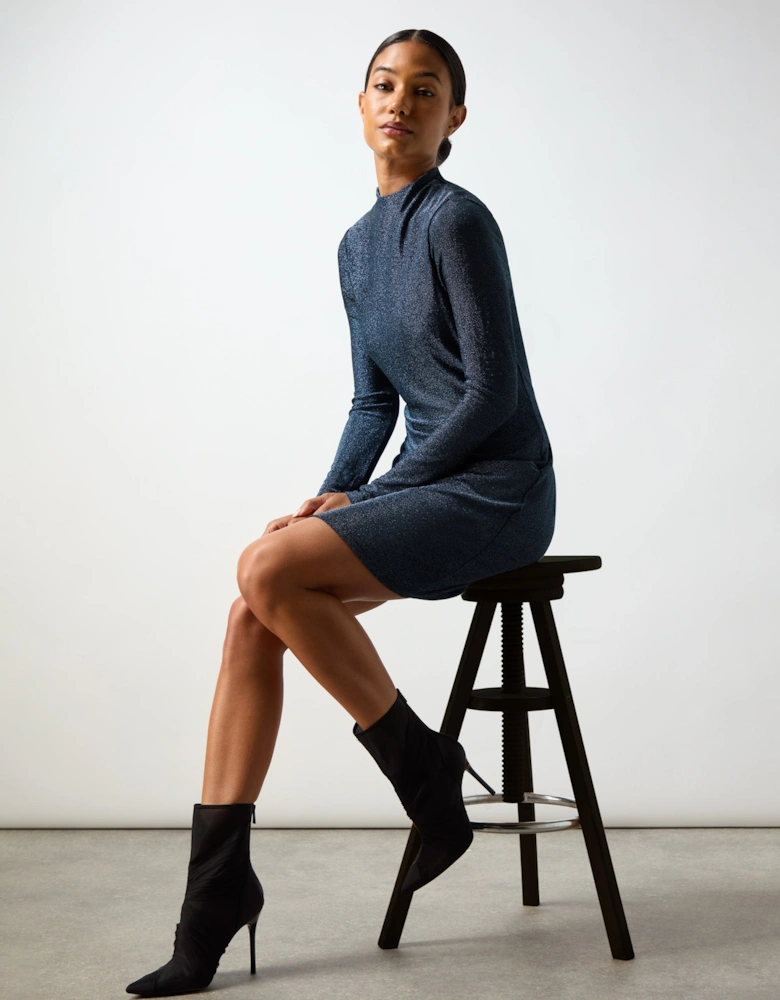 Darcy Navy Sparkle Jersey High Neck Mini Dress