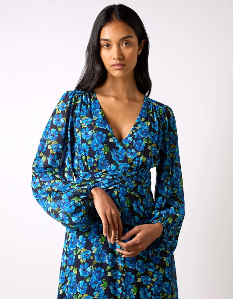 Blue Floral Print Ruched Waist Dress