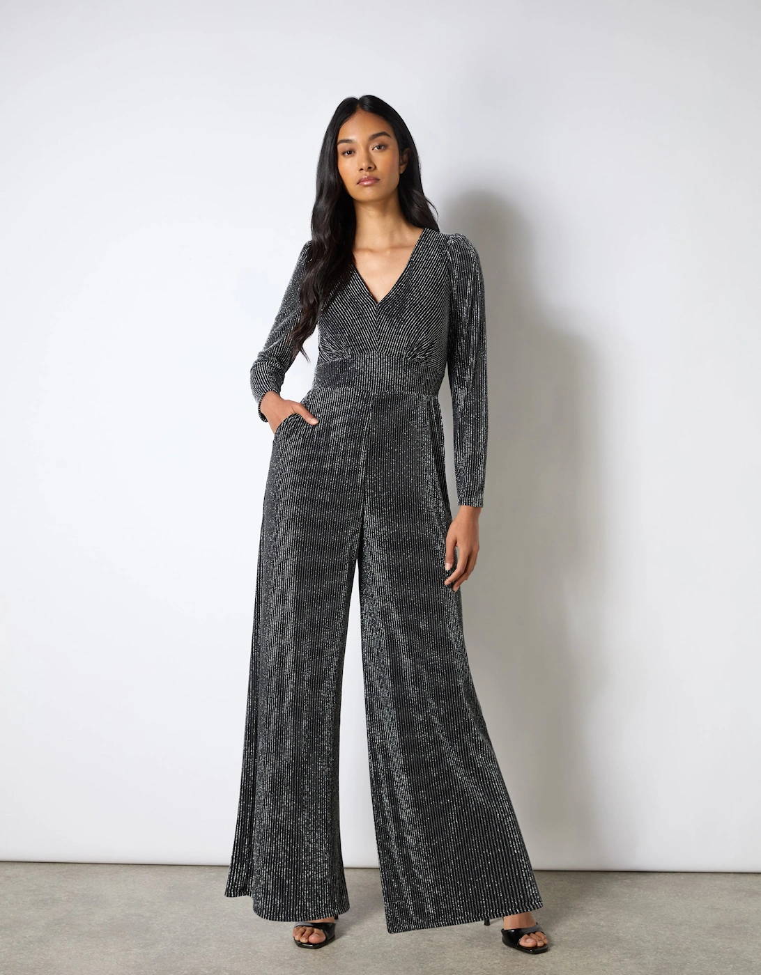 Eliza Silver Sparkle Jersey V-Neck Jumpsuit