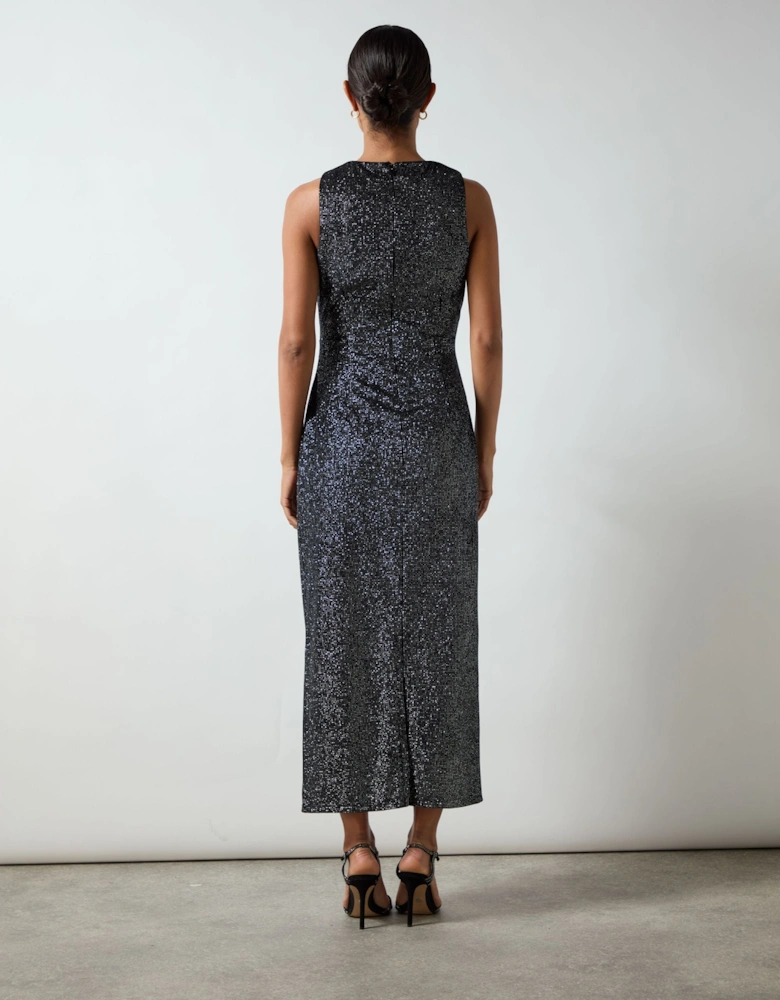 Gabriela Black Sparkle Velvet Column Midi Dress
