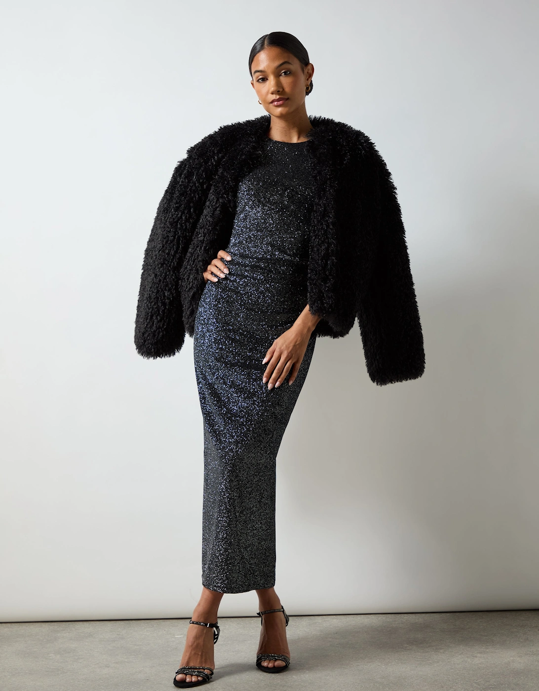 Petite Gabriela Black Sparkle Velvet Column Midi Dress